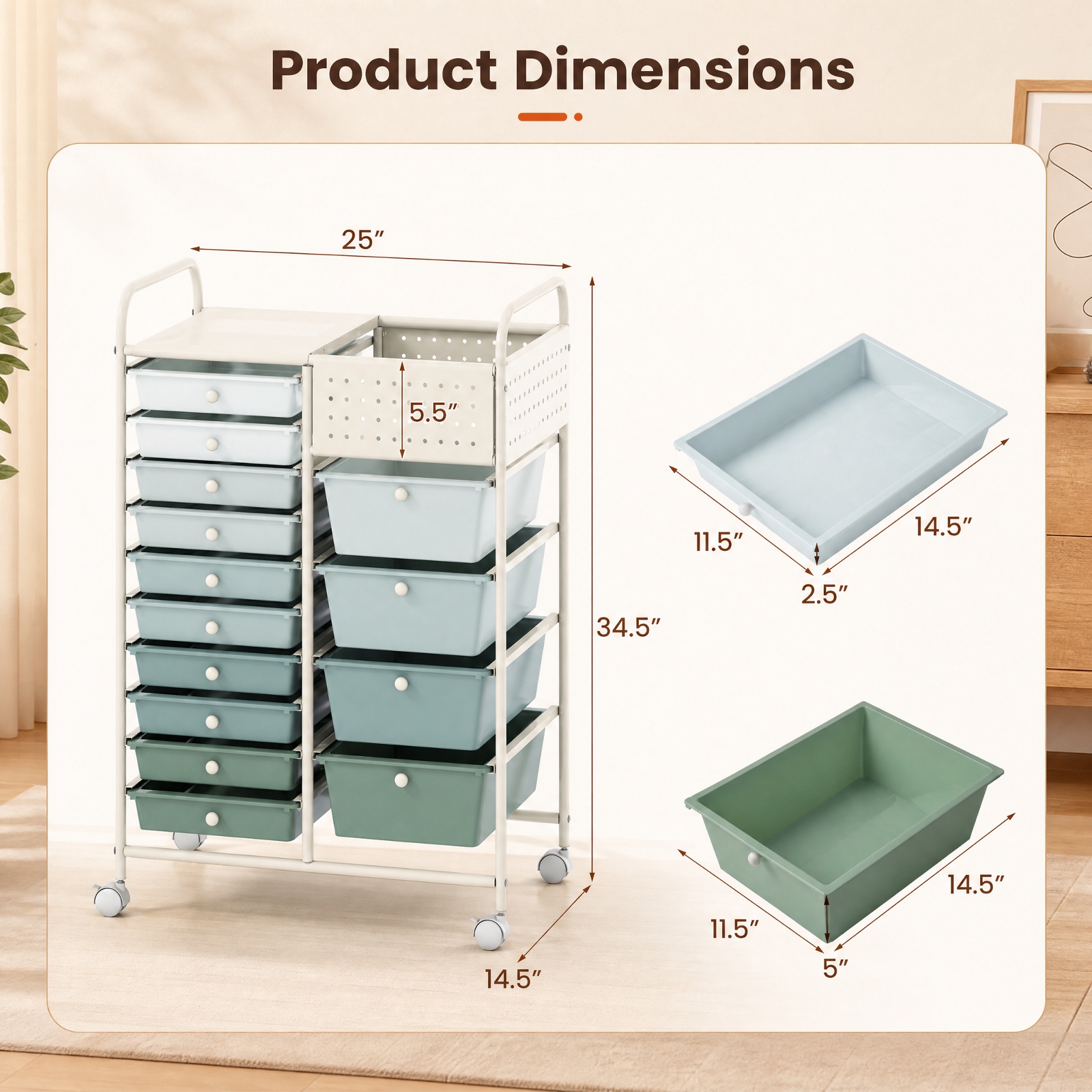 Furnibear 14 Drawer Rolling Storage Cart with Metal Tabletop Pegboard and Locking Wheels for Kitchen Office and Classroom Organizing, Gradient Green