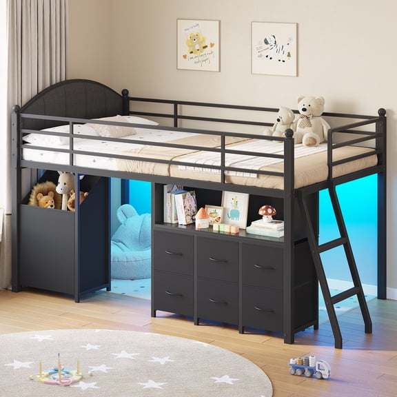 Mabor Twin Size Low Loft Bed with 6 Drawers & Large Toy Storage Organizer,Metal Loft Bed with Upholsterd Headboard,Safety Guardrail & Ladder, Play Area, LED Lights, Black