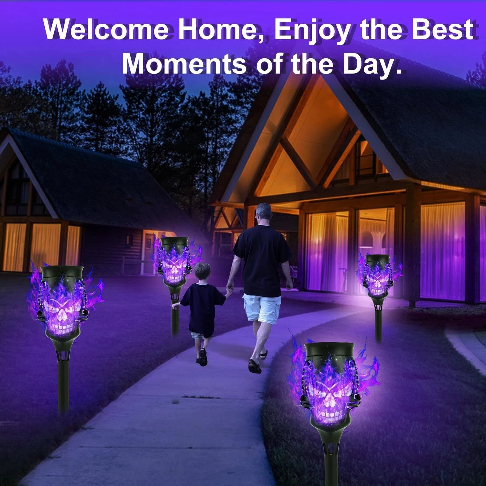 Halloween Solar Torch Lights, 4-Pack Flickering Flame Outdoor Lighting - Waterproof Pathway & Garden Decor, Purple Skull Design