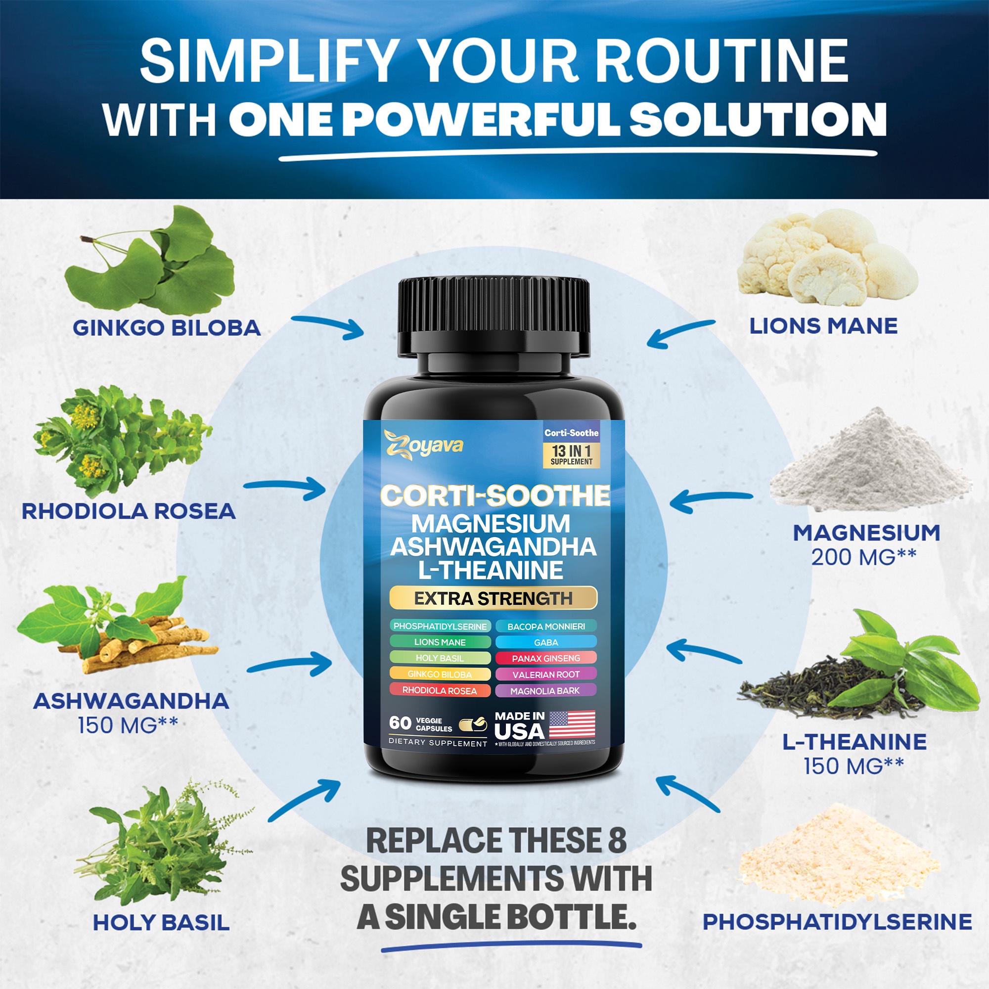 Cortisol Supplement Magnesium Glycinate 200mg L-Theanine 150mg Ashwagandha 150mg Phosphatidylserine 50mg & Cortisol Manager Lions Mane Holy Basil Ginkgo Biloba Bacopa Monnieri Valerian Root (60 Caps)