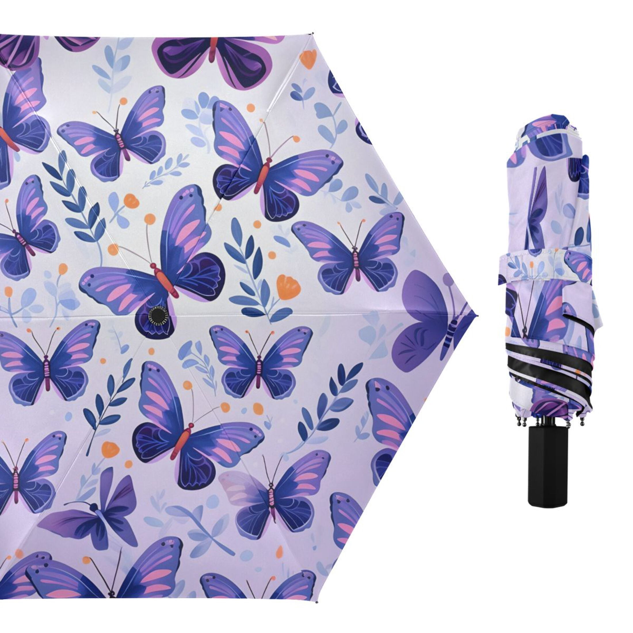 Butterflies in Purple Compact Folding Umbrella for Rain Windproof Travel Umbrella UPF 50+ Lightweight Packable Arc Size