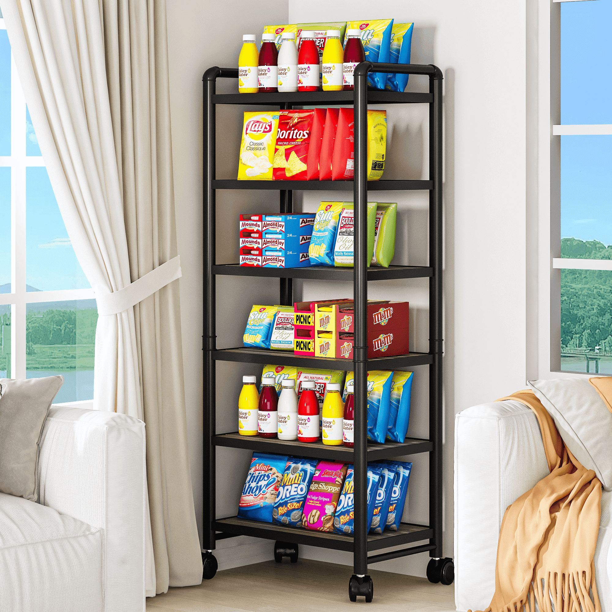 Baxluxe Adjustable 6-Tier Storage Shelves with Wheels, Narrow Tall Bathroom Shelves, Metal Frame Organizer Shelf with Wood Shelves for Kitchen, Garage, 12"Lx16"Wx63" H