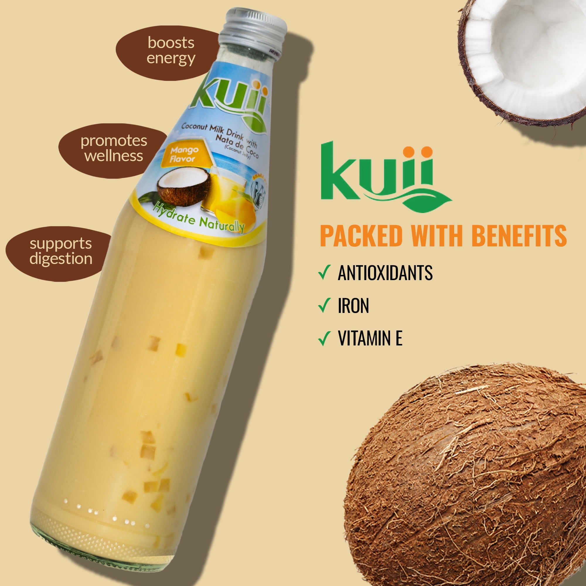 Kuii Drinks Coconut Milk with Nata de Coco, Original, 290 mL Single Glass Bottle