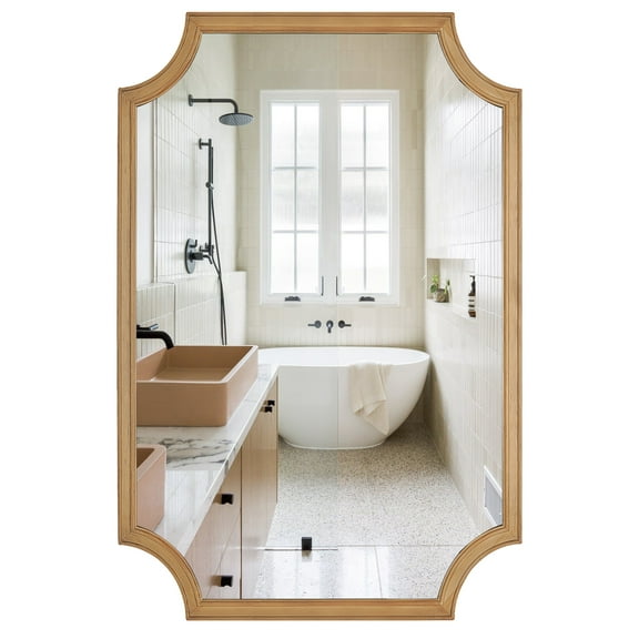 Magnifique Wood Framed Wall Mirror with Scallop Corners For Bathroom 20" x 30", Natural Wood Color