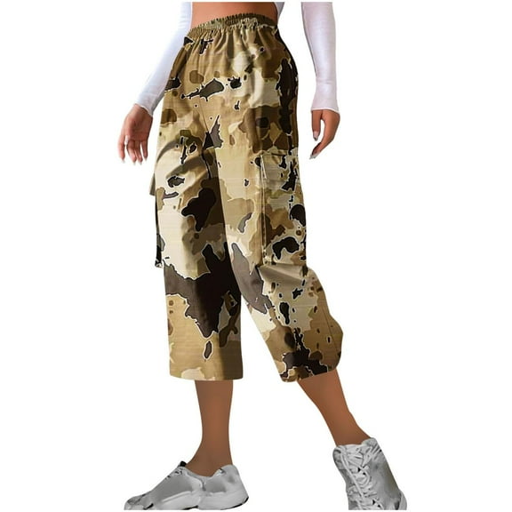 Women Camo Cargo Pants Elastic Waisted Trousers Loose Fitted Capri Pant Wide Leg Bottoms Hiking Outdoor Tracksuit Summer Camouflage Jogger Pants Ripstop Travel Sweatspants With Pocket