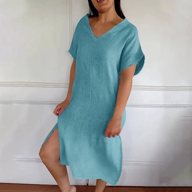 Ndbuld Robes d'Été pour Filles Mode Robe d'Été Décontractée pour Femmes Col en V Manches Courtes Unie Robe de Plage Robe à Fente Liquidation à Moins de 5 $