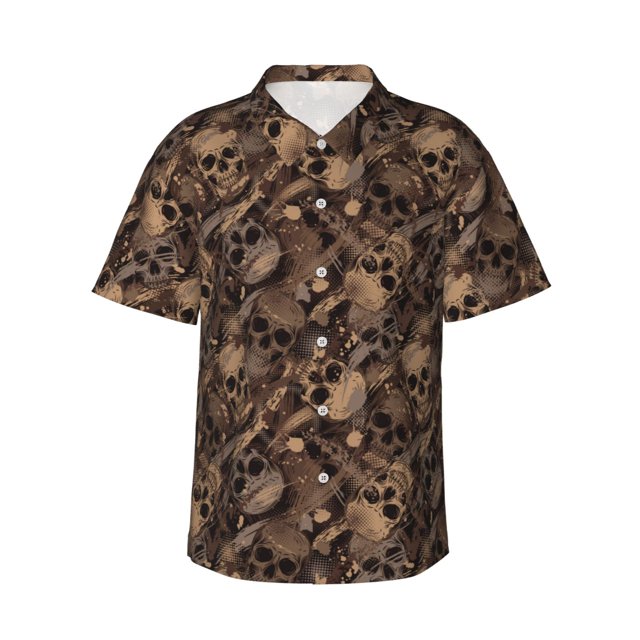 Balery Brown Camouflage Skull Camisas hawaianas de manga corta para hombre, camisas playeras de corte holgado, camisas de vacaciones con botones,3X-Large
