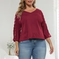 thumbnail image 2 of Loopsun Womens Tops Plus Size, Womens 3/4 Sleeve T Shirts, Women's Solid Hollow Shoulder 3/4 Sleeve V-Neck Blouse Top Red XXXL, 2 of 5