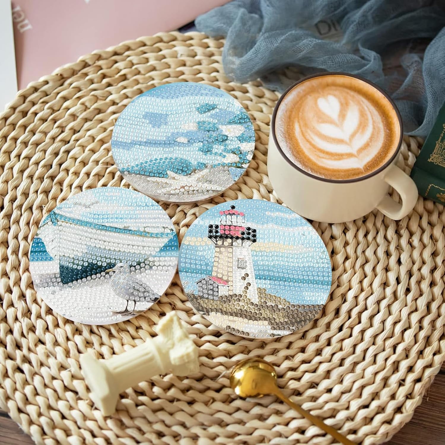 8 Pcs Beach Diamond Art Coasters Kits with Holder, Sea Diamond Painting Coasters Kits for Adults, Light House DIY 5D Diamond Dots Small Mini Kit Full Drill Art Craft Supplies 4X4 Inch