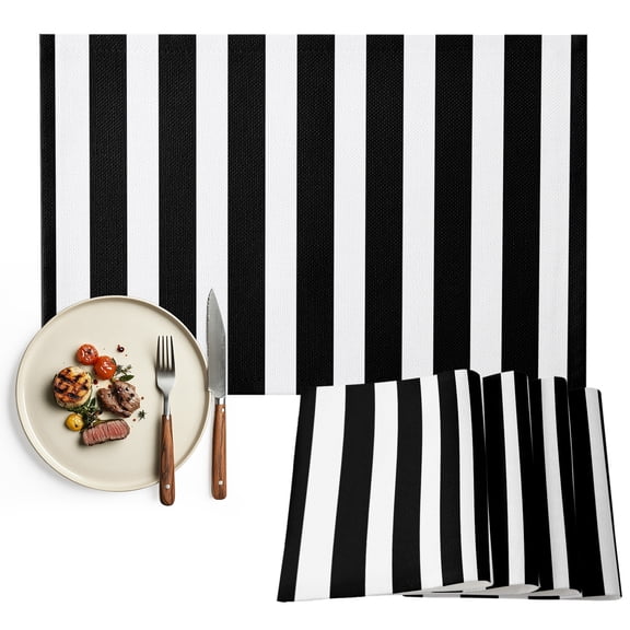 Black Striped Placemats Set of 6, Modern Farmhouse Black and White Stripes Washable Wipeable Table Mats for Dining Tables, Indoor Outdoor Kitchen Place Mats for Holiday Party Table Decor