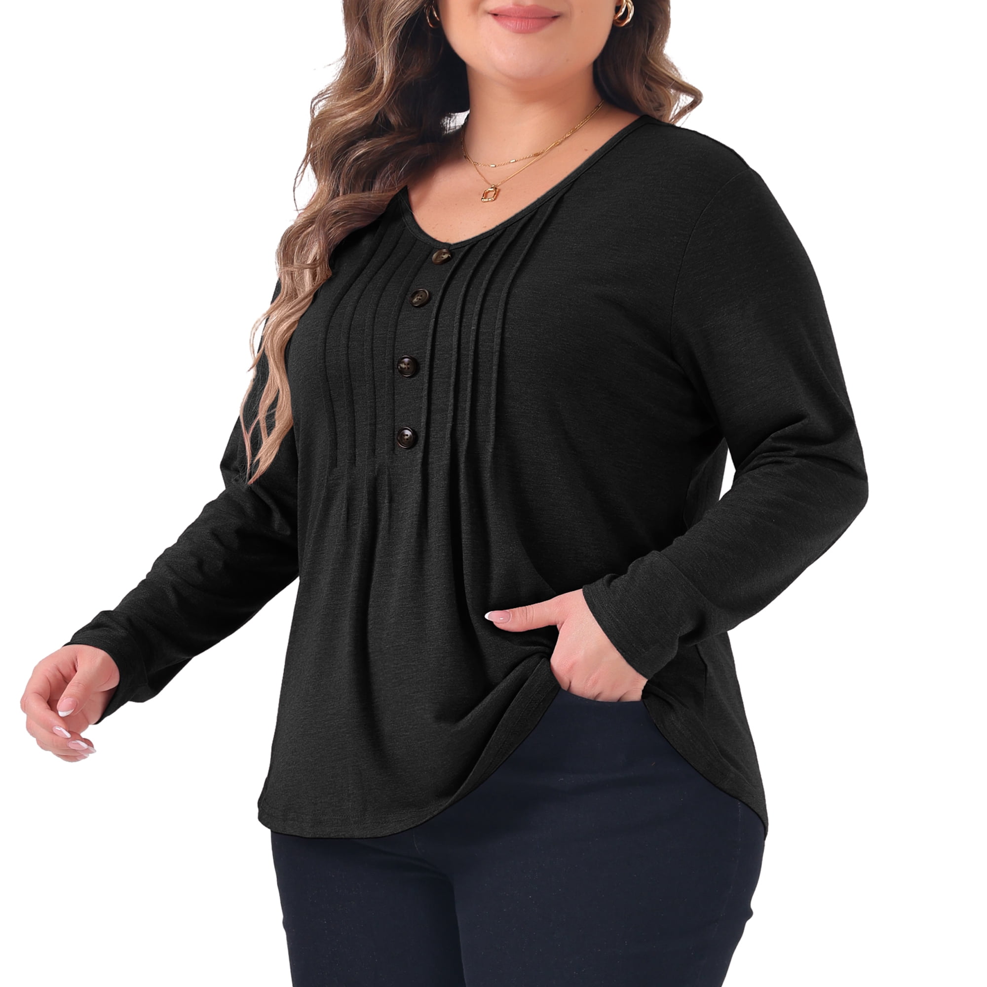 DARING DIVA Women's Plus Tops Pleated Front V Neck Button Blouses 1X Black