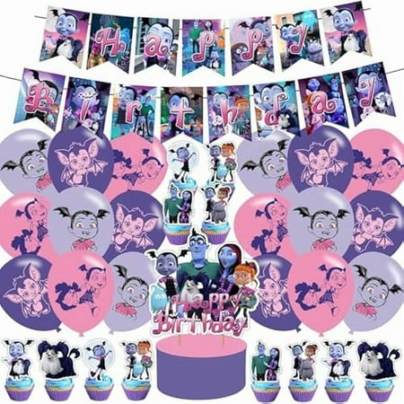WEEKS Vampirina Birthday Party Decoration,Vampirina Girl Include Kids Vampirina Theme Birthday Banner, Cake Topper, Latex Balloons for Fans Birthday Party Supplies, Purple