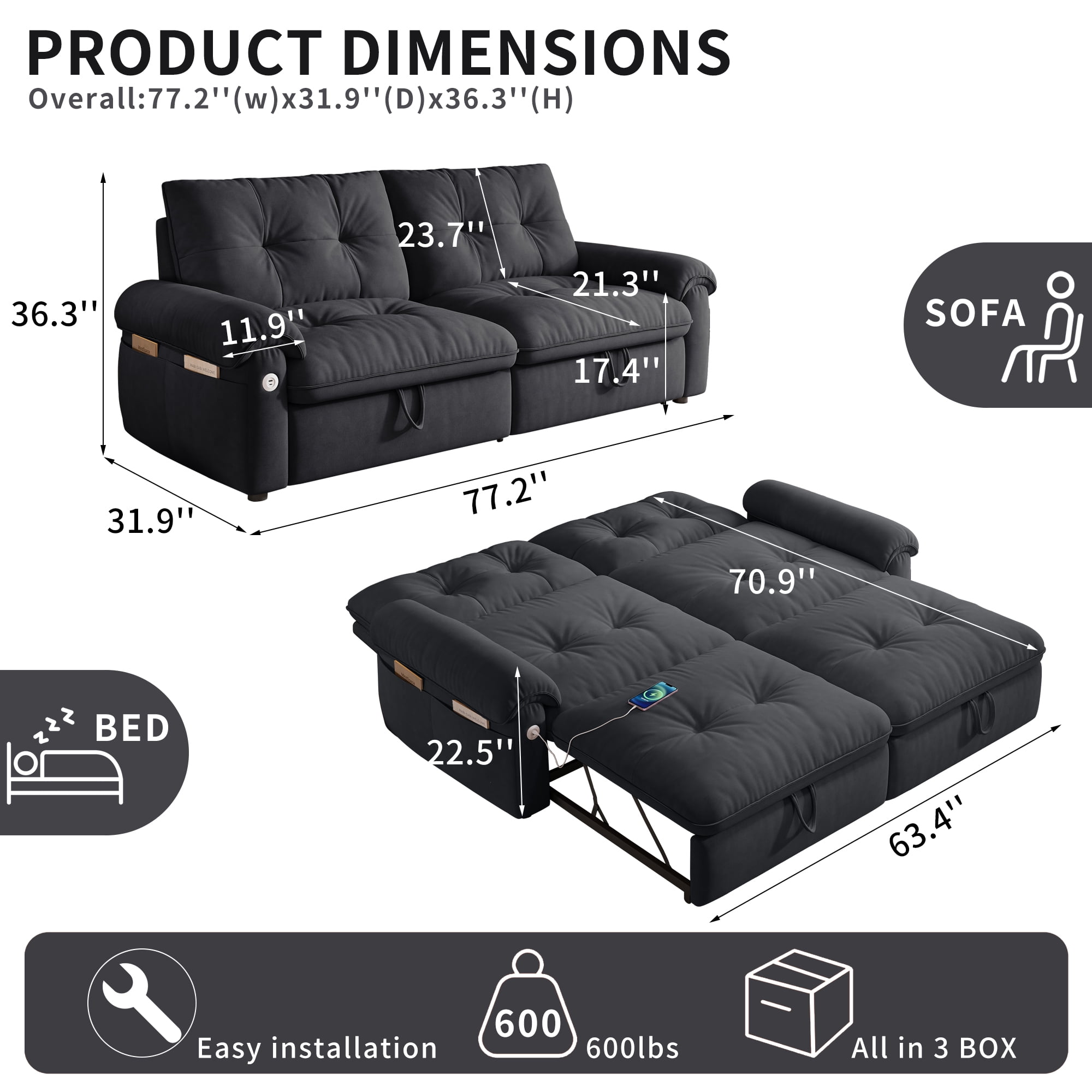 LLappuil 77" Pull Out Sofa Bed Queen Size, Loveseat Sofa Convertible Sleeper Sofa Bed, Flannelette Fabric Sofa Couch for Living Room Gray