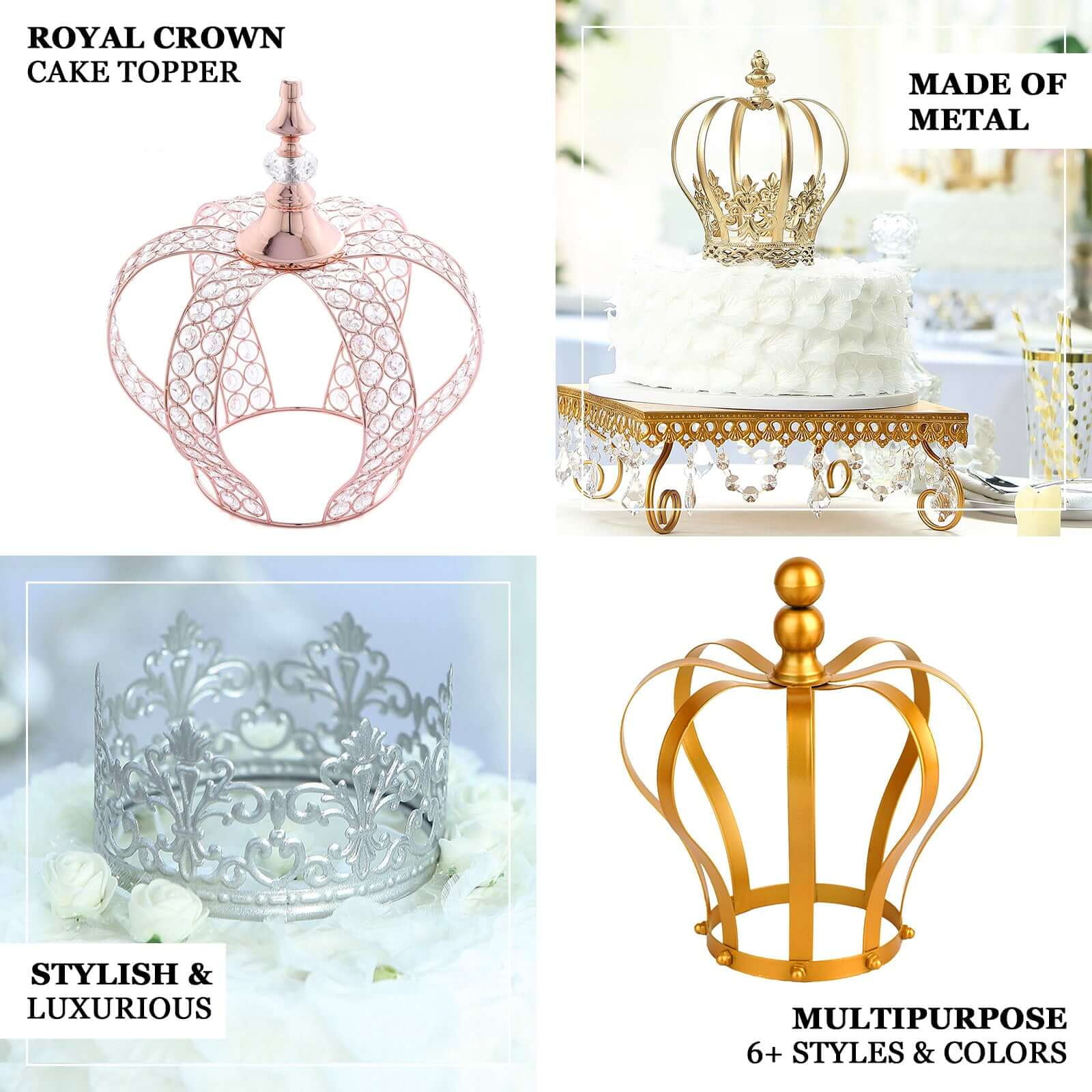 Efavormart 14" Gold Crystal Metallic Royal Crown Cake Topper with 168 Acrylic Beads For Wedding Birthday Party Special Event