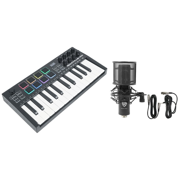 Rockville M25 BLACK Bundle: 25 Key Wireless USB Bluetooth MIDI Keyboard Controller, RCM PRO Studio Condenser Microphone, 2-items