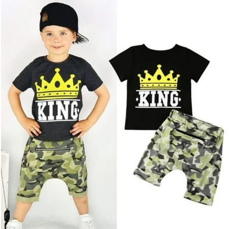Casual Toddler Kids Boy Summer KING Tops T-shirt Camo Pants Outfits Set