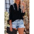 thumbnail image 3 of Blusa de oficina negra de botonadura sencilla, holgada, con cuello de encaje y manga larga, 3 of 7