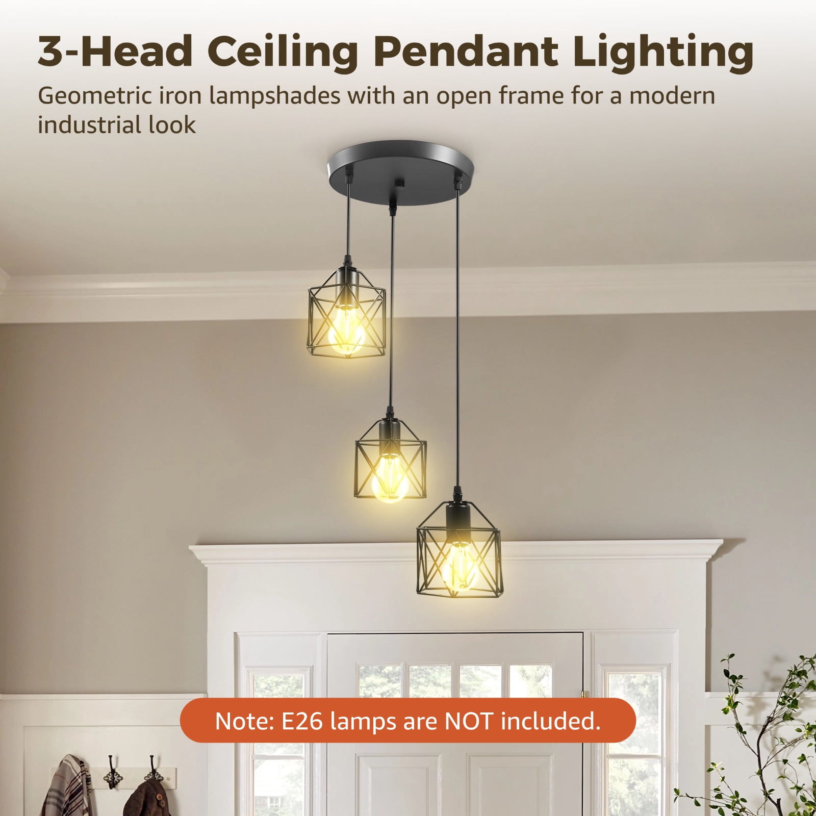 3-Light Ceiling Pendant Light, Flush Mount Hanging Light Fixture with Adjustable Cords, Geometric Iron Lampshades, E26 Base for Kitchen, Dining Room, Living Room, Bedroom Lighting