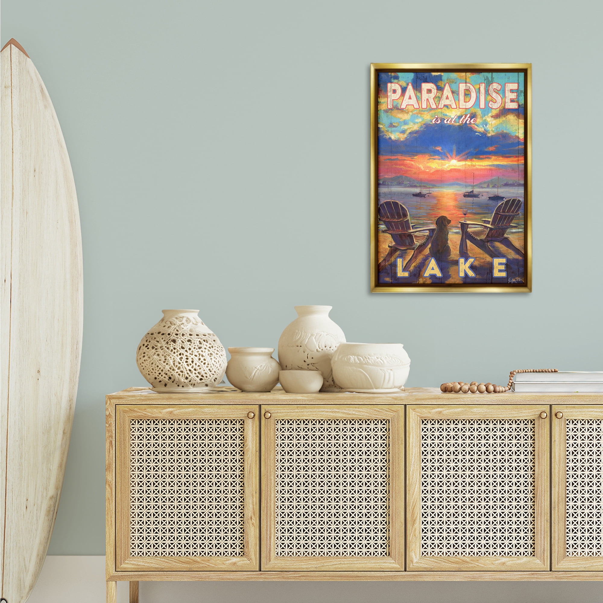 Stupell Industries Paradise At Lake Landscape Landscape & Nature Painting Gold Floater Framed Canvas Art Print Wall Art, 21 x 31