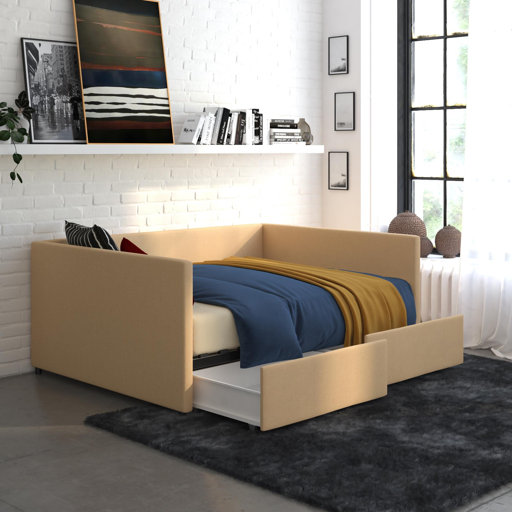 DHP Daybed with Storage, Full Size Frame, Tan Linen