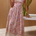 thumbnail image 3 of 2026 Summer New Fashion Women's Pink Floral Tie-Strap Maxi Dress, Square Neck A-Line Linen Blend Dress, 3 of 5