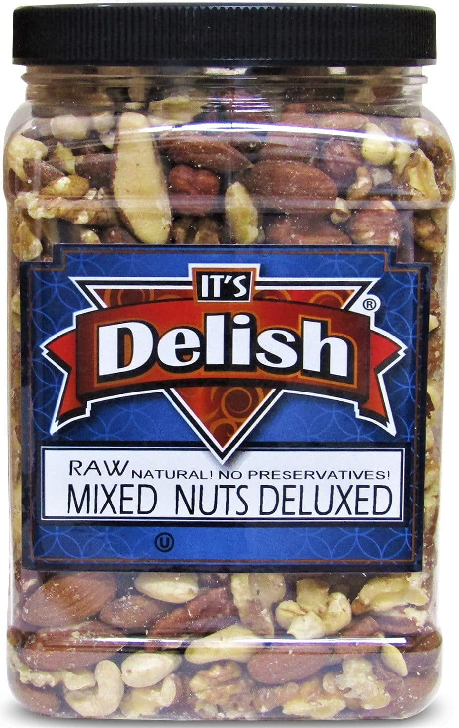 Deluxe Raw Mixed Nuts with No Peanuts by Its Delish, Bulk 2 lbs Jumbo Reusable Container  Premium Raw Unsalted Nut Mix Without Peanuts  Great for Parties, Snacking and Salads - Keto, Vegan, Kosher