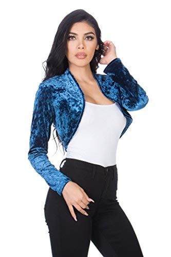 Fashion Secrets Women`s Collarless Open Front Velvet Bolero Shrug Cardigan Cropped Jacket