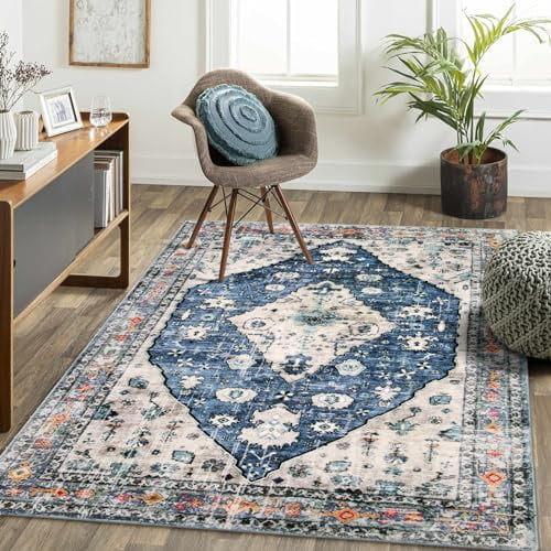 Boho Tribal Area Rug - Blue 5x7 Large Rug for Bedroom Soft Non Slip Washable Non Shedding Living Dining Room Mat, Indoor Turkish Office Carpet for Dorm Kitchen Nursery Dining Bedroom