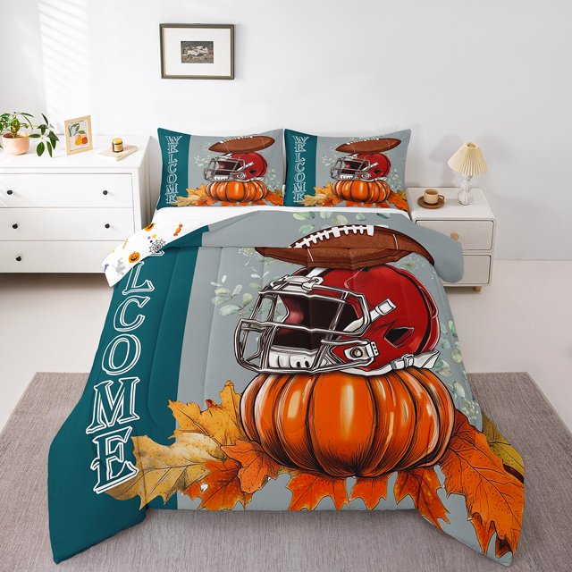 YST Ensemble de Douillette de Football, Ensemble de Literie « Happy Fall Y'all » Grand Lit pour Enfants Garçons Filles, Couette Réversible de l'Action de Grâce, Courtepointe Citrouille Érable avec 2 Taies d'Oreiller Légère