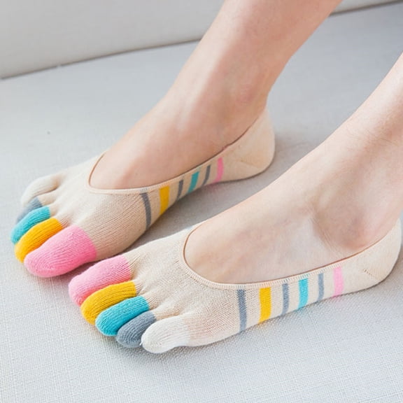 WRITWAA 5 Pairs Women's Cotton Low Cut Toe Socks, Invisible Five Finger Socks with Trendy Stripe Pattern