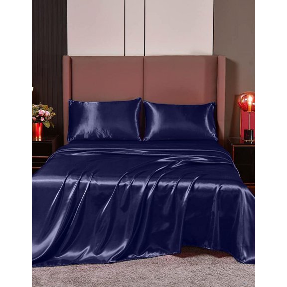 Cloud Fino Luxurious Satin Bed Sheets Navy Blue Silk Sheets King 15 " Deep Pocket Pillowcases Sheet, 4-Piece