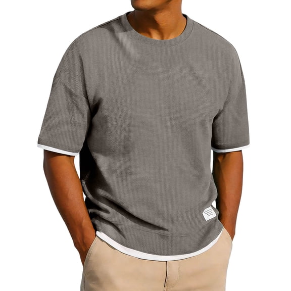 LEKWK Mens Cotton T Shirts Loose Fit Waffle-Texture Casual Shirts Breathable Layered Hem Tee Shirts Soft Crew Neck Short Sleeve Daily Wear