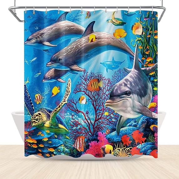 Cute Dolphin Shower Curtains for Kids Ocean Theme Fantasy Colorful Tropical Fishes Coral Marine Life Shower Curtain 72x72 Inch Polyester Fabric Summer Decor with Hooks