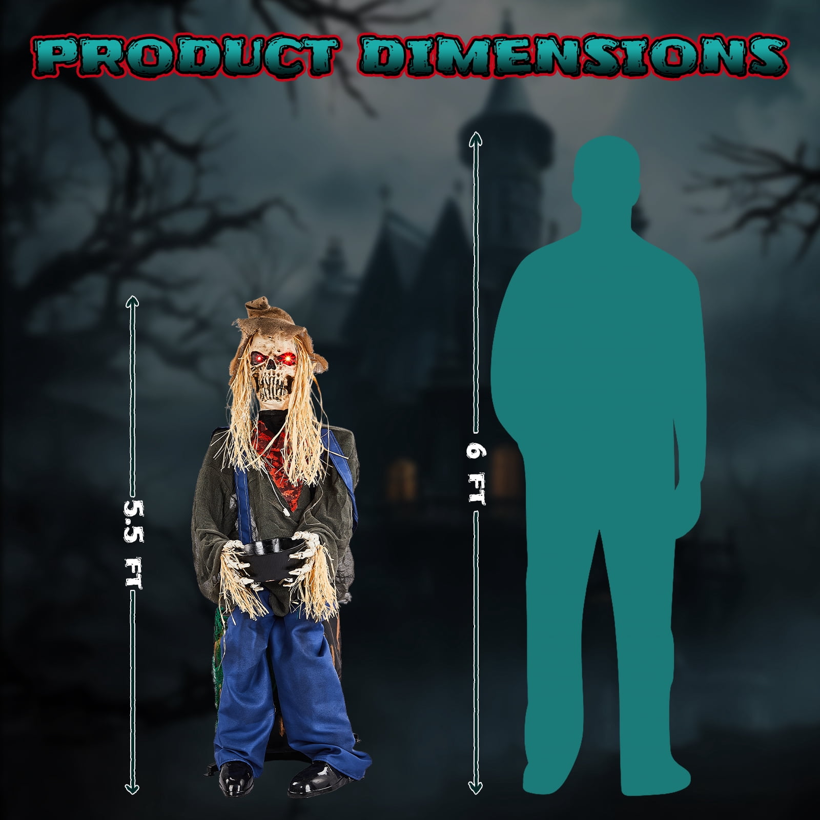 Astoutdoor 4.5 ft Halloween Sitting Scarecrow Decoration with Red Light-Up Eyes, Sound-Activated Head Movement, Male Voice, Detachable Bucket, Battery Operated
