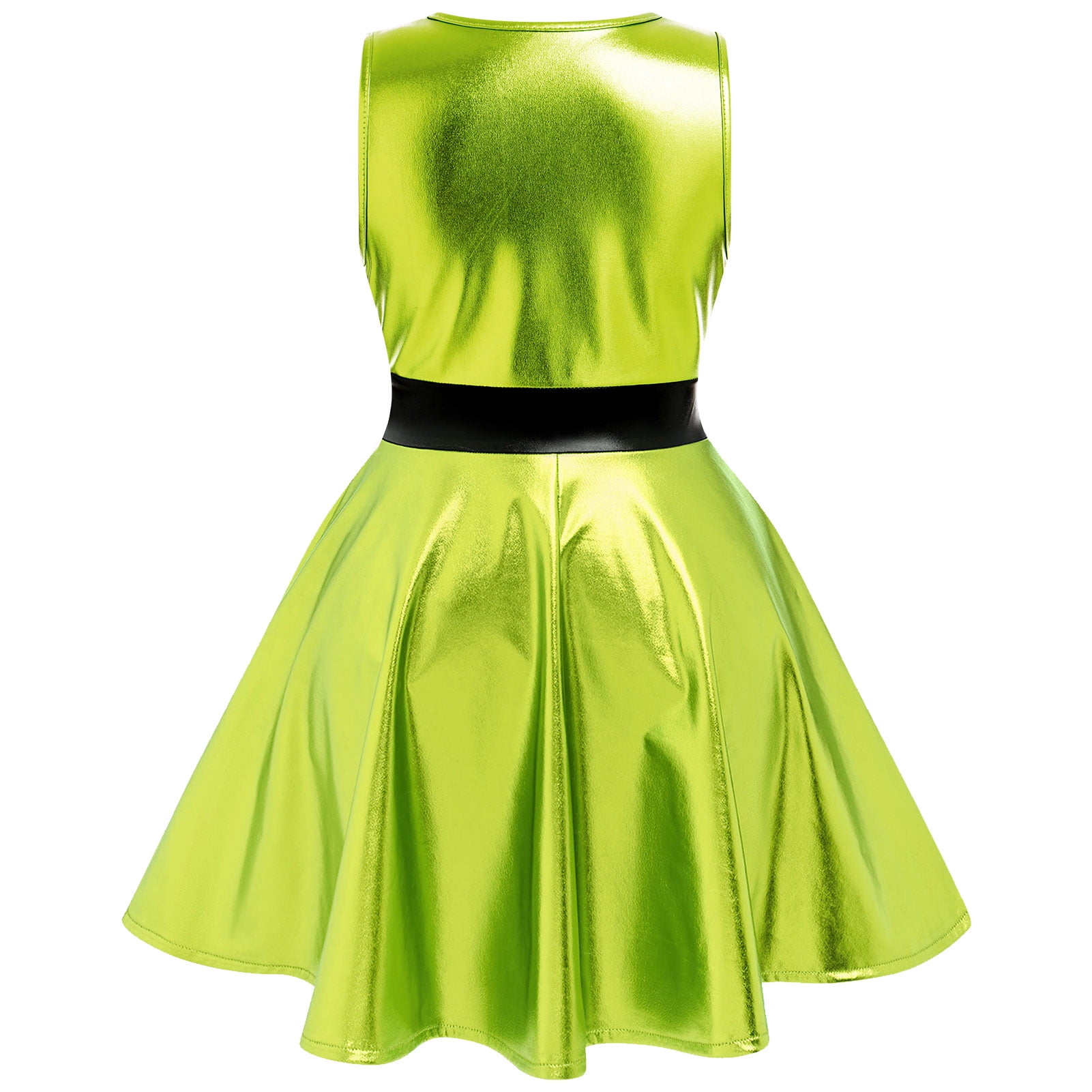 IBTOM CASTLE Kids Girls Halloween Costume Holographic Skater Dress Metallic Music Festivals Outfit Cosplay Carnival Birthday Party Dress up 3-4 Years Fluorescent Green