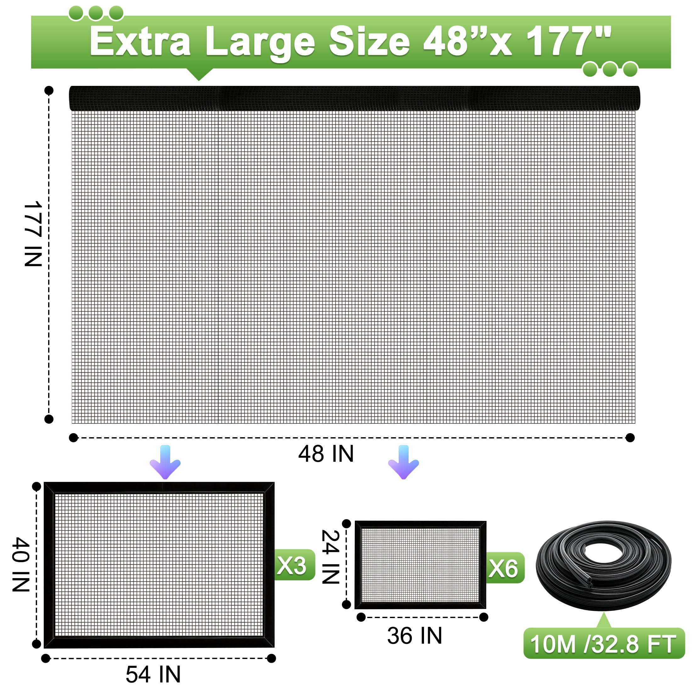 48 x 177 Inch Window Screen Repair Kit, Window Screen Mesh & Installation Tools, Window Mesh Replacement Kit, DIY Window Screen Repair Kit for Household Windows, Balcony and Entry Doors