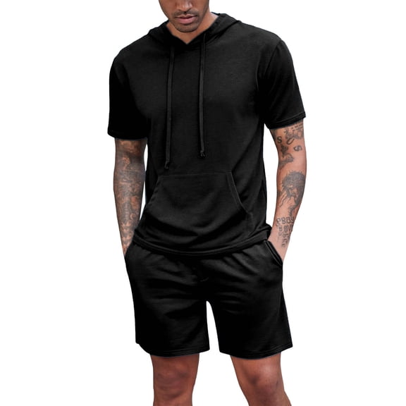 RUTAYY Men's Outfits Tracksuit 2 Piece Solid Color Hooded Athletic Sweatsuit Short Sleeve Tee Casual Sports Shorts Beach Vacation Clothing Sets