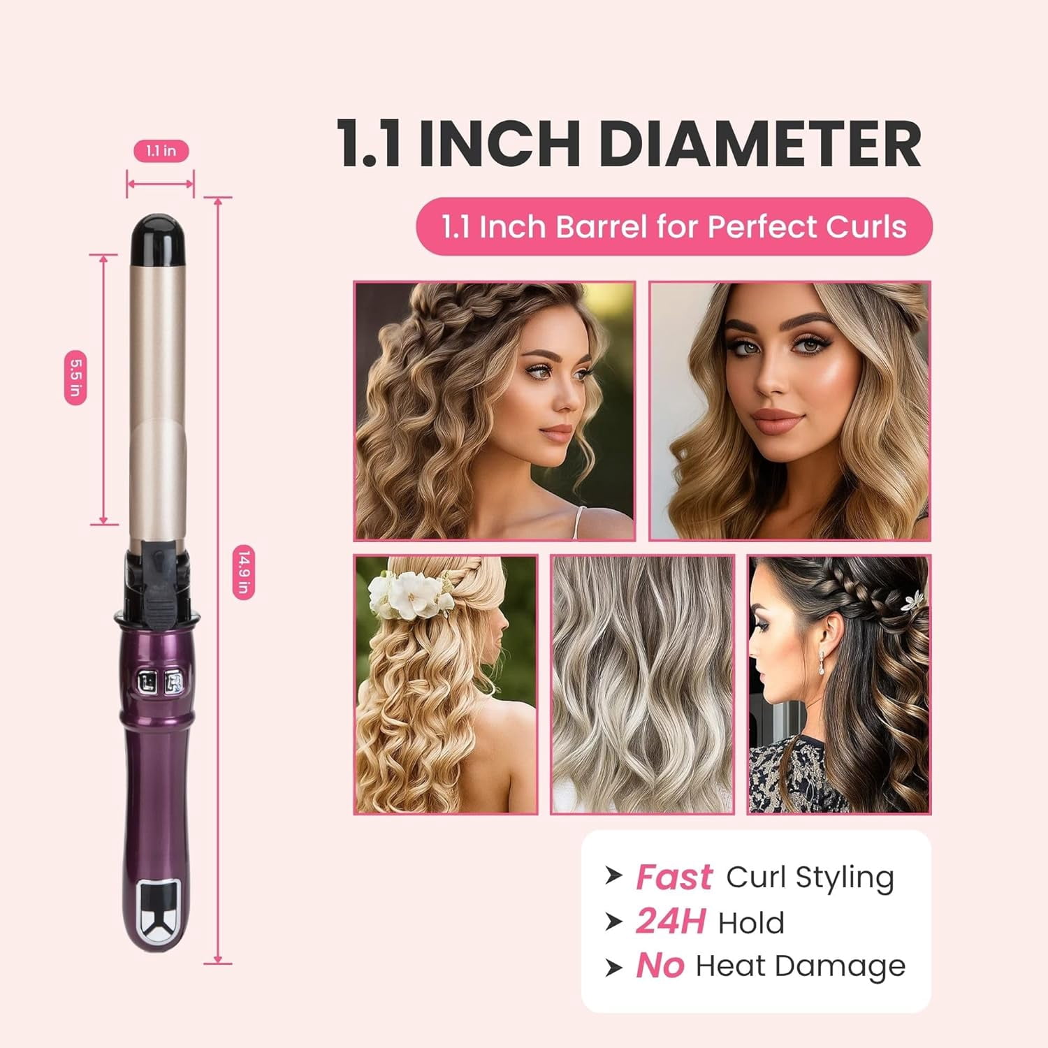 Automatic Rotating Curling Iron, 1.1-Inch Auto Hair Curler with 4 Temperature Settings & LCD Display, Anti-Scald & Dual Voltage