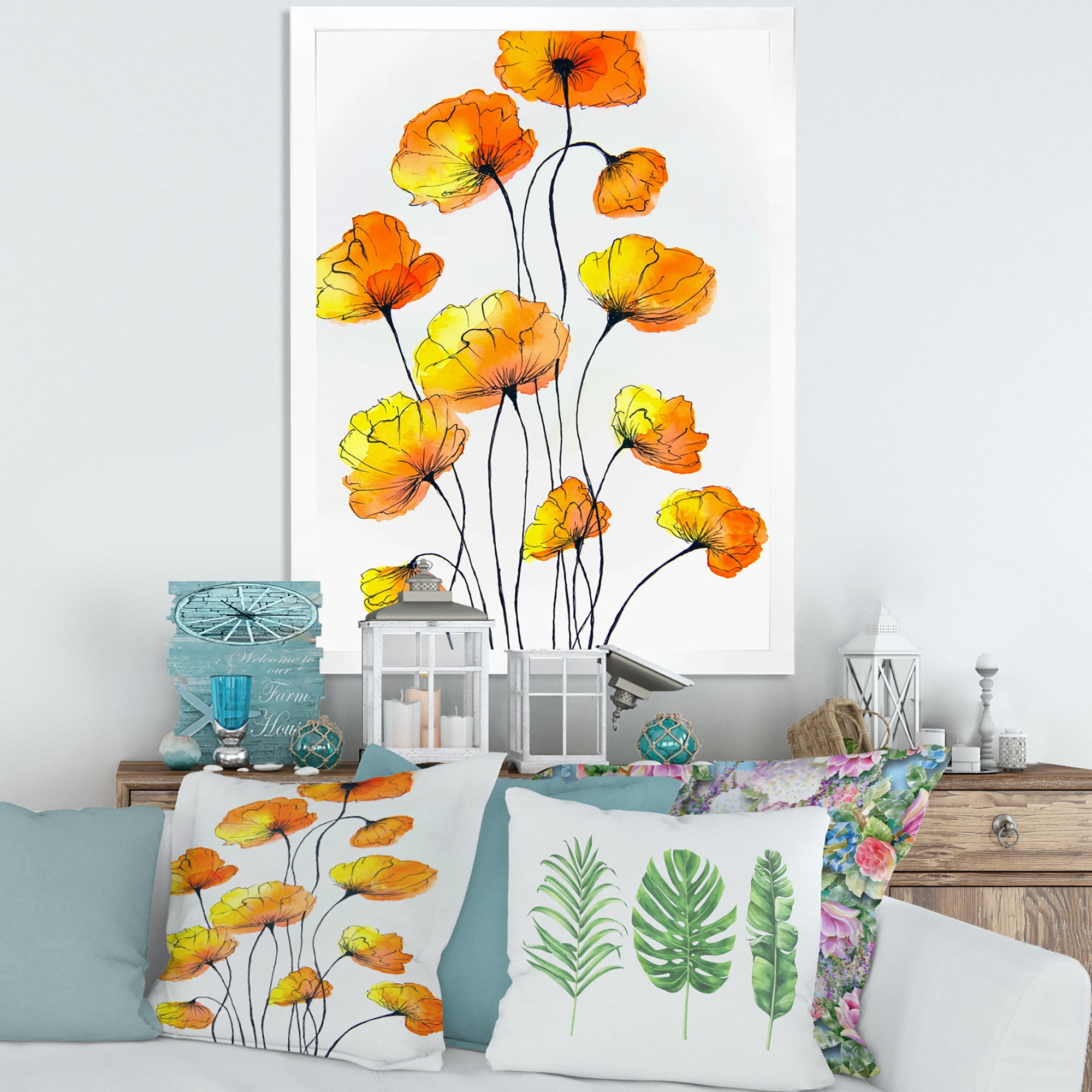 Designart 'Country Yellow Flowers On White' Traditional Framed Art Print