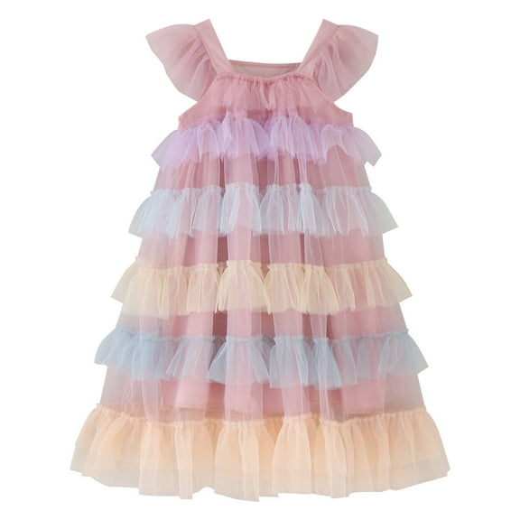 Girls Dresses Tulle Toddler Fly Sleeve Rainbow Tulle Ruffles Princess Dance Party Clothes Dress Casual Little Girl Dress for 2-3 Years