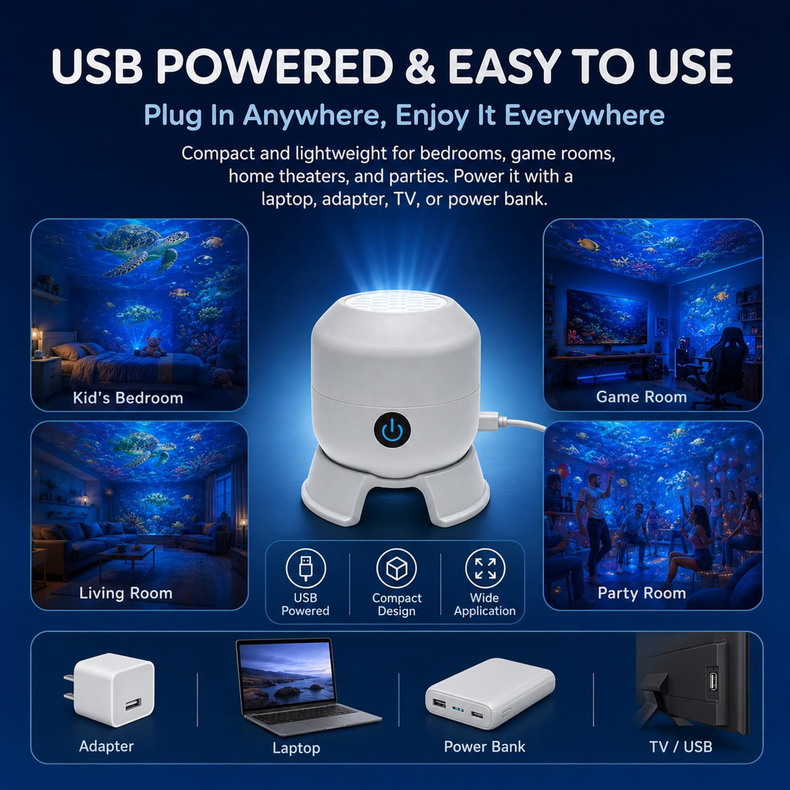 Dynamic 360° Rotating Ocean Wave Projecto,Led Starry Ocean Projector,Aquarium Projector for Bedroom,Plug & Play USB Dimmable Mood Light for Bedroom Meditation, Adults Home Theater Relaxation，Ocean