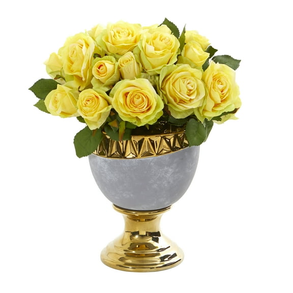 Nearly Natural Rose Artificial Arrangement in Urn with Gold Trimming
