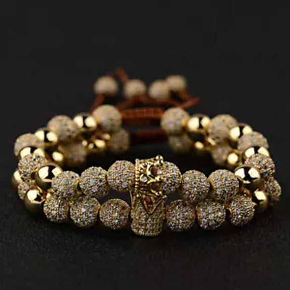 HOOUN Luxury Crown Men Women 8mm Micro Pave CZ Round Braided Macrame Bracelet Handmade-1 set 2 pcs