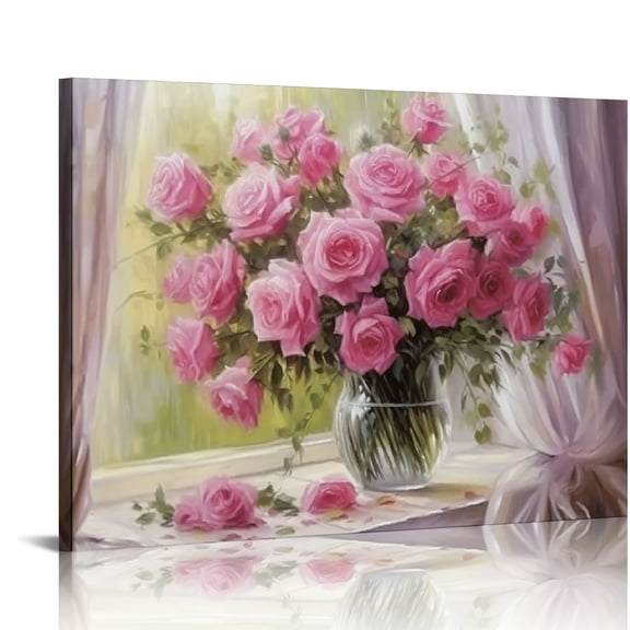 COMIO Flower in Vase Canvas Wall Art Pink Rose Peony Paintings Mason Jar Flower Picture Pink Floral Artwork Wall Decor for Living Room Rustic Flower Wall Canvas Farmhouse Floral Prints