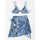 thumbnail image 3 of Traje de baño para mujer, 3 piezas, tirantes finos, estampado de corte alto, traje de baño de bikini con pareo azul S, 3 of 6