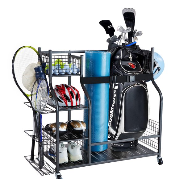 VEVOR Golf Storage Garage Organizer, 2 Golf Bag Stand Holder and Other Sports Equipment Storage Rack, Rolling Ball Cart on Wheels
