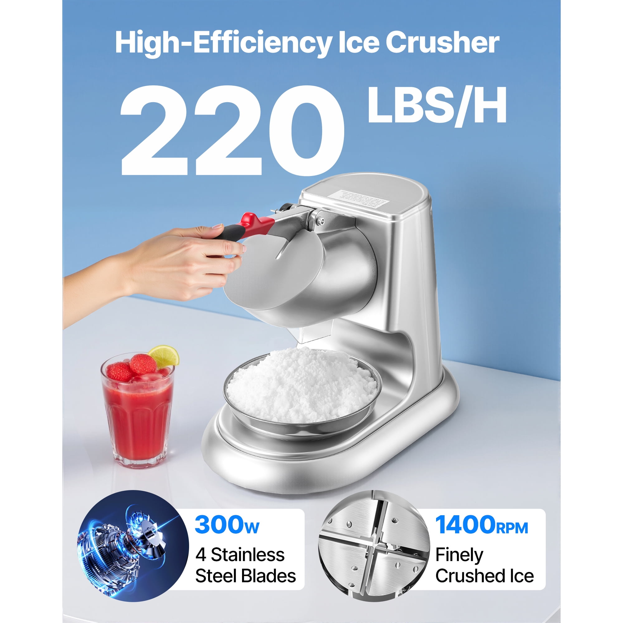 KFFKFF Electric Ice Crusher Machine, 220lbs/H Shaved Ice Maker with 4 Blades, Stainless Steel Snow Cone Machine with Bowl and Cover, 300W 2000RPM for Home and Commercial Applications, Silver