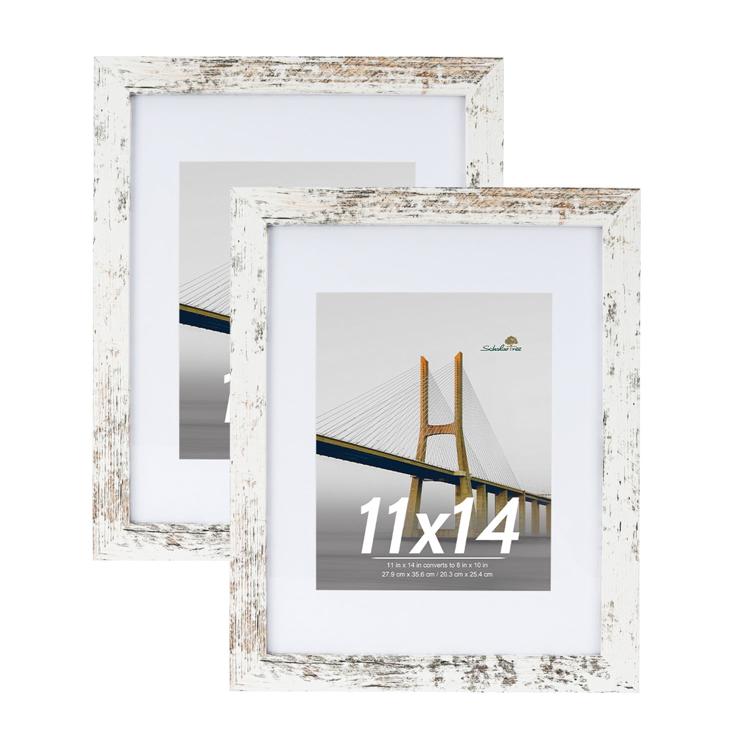 Scholartree 11 x 14 Wood Gallery Picture Frames Set of 2-11x14 Matted to 8x10 Wall Frames, White