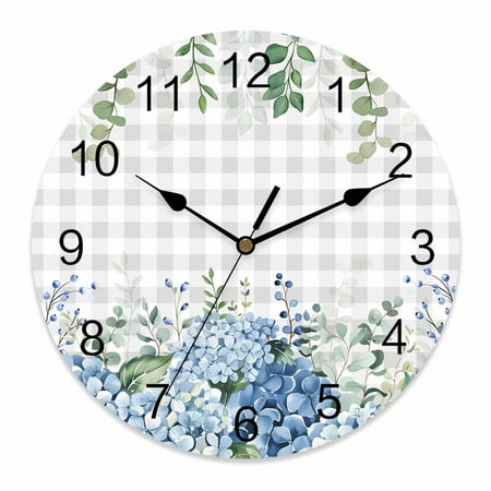 Wall Clock Blue Hydrangea Clocks PVC Silent Non-Ticking Battery Operated Decorative Green Eucalyptus Leaves Grey Plaid Round Clock for Home Living Room Kitchen Bedroom Office Wall Decor 10 Inch