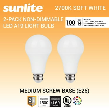 Sunlite 41912 LED A19 Light Bulbs, 14 Watts (100W Equivalent), 1500 Lumens, Medium Base (E26), Non-Dimmable, UL Listed, 2700K - Soft White, 6 Pack